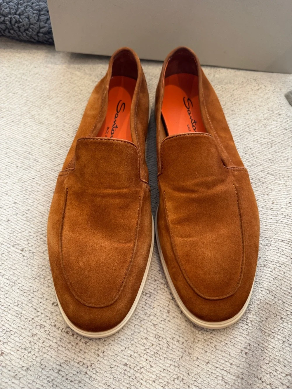 Santoni Men's Tan Suede Slip-On Loafers Size 9 New with Box (no lid) and COA